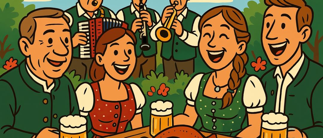 Eine Gruppe von Menschen sitzt um einen Tisch mit Bier und Essen, während eine Band traditionelle Musik im Hintergrund spielt.