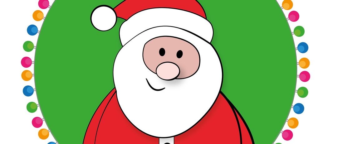 Illustration von Santa Claus, der in einem grünen Kreis mit bunten Weihnachtsdekorationen steht.