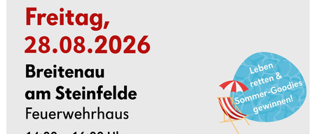 Plakat für Blutspende-Veranstaltung am 28.08.2026 in Breitenau am Steinfelde. Zeiten: 14:00-16:00 und 17:00-19:30. QR-Code für Terminbuchung. Webseite: blut.at.