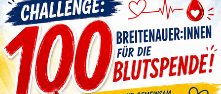 Plakat für Blutspende-Veranstaltung am 28.08.2026, das Menschen zur Blutspende ermutigt, mit einem roten Blutstropfen und Herzen, die die Wirkung jeder Spende symbolisieren.