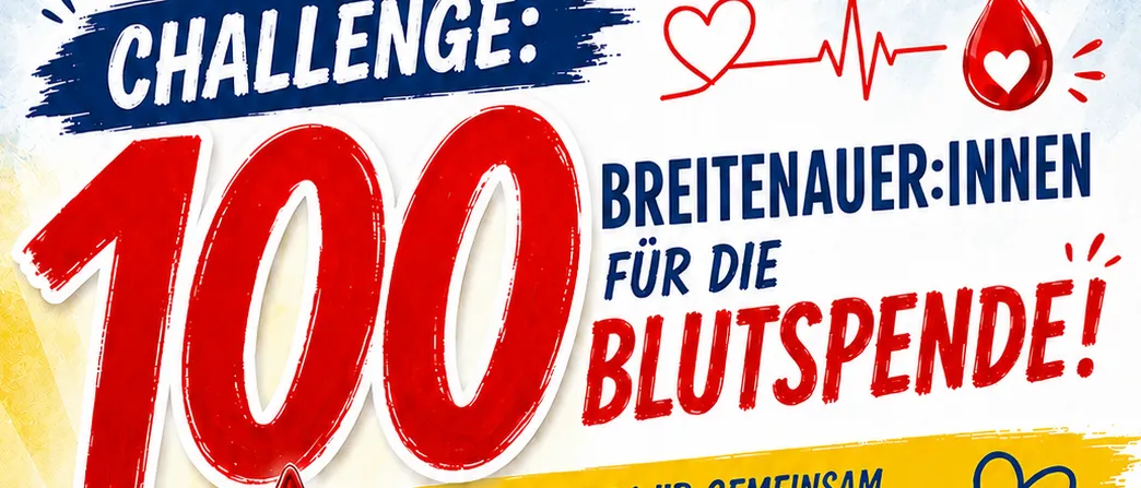 Plakat für Blutspende-Veranstaltung am 28.08.2026, das Menschen zur Blutspende ermutigt, mit einem roten Blutstropfen und Herzen, die die Wirkung jeder Spende symbolisieren.