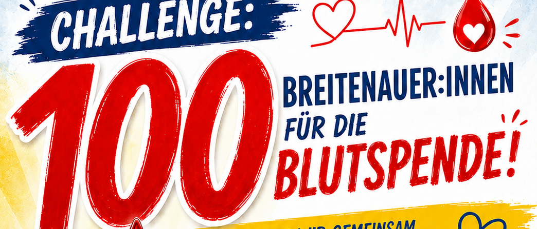 Plakat für Blutspende-Veranstaltung am 28.08.2026, das Menschen zur Blutspende ermutigt, mit einem roten Blutstropfen und Herzen, die die Wirkung jeder Spende symbolisieren.