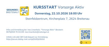 Plakat für ein Gesundheitsprogramm namens 'Vorsorge Aktiv'. Es zeigt eine Gruppe von Menschen, die in einem Park spazieren gehen, mit dem Text 'MIT AUSREDEN VERBRENNT MAN KEINE KALORIEN!'. Unten befindet sich ein QR-Code und Kontaktinformationen für das Programm.