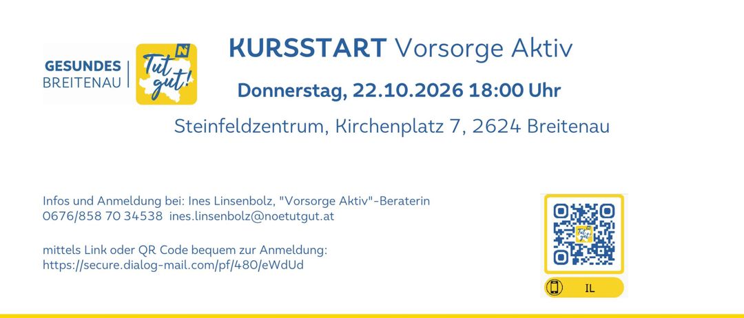 Plakat für ein Gesundheitsprogramm namens 'Vorsorge Aktiv'. Es zeigt eine Gruppe von Menschen, die in einem Park spazieren gehen, mit dem Text 'MIT AUSREDEN VERBRENNT MAN KEINE KALORIEN!'. Unten befindet sich ein QR-Code und Kontaktinformationen für das Programm.