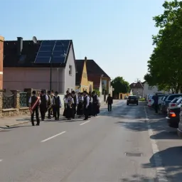Eine Gruppe von Menschen geht mit Musikinstrumenten auf der Straße. Autos sind am Straßenrand geparkt.