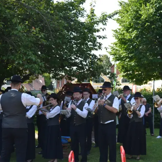 Eine Blaskapelle in einheitlichen Kostümen spielt im Freien in einem Park, mit Bäumen und Häusern im Hintergrund.