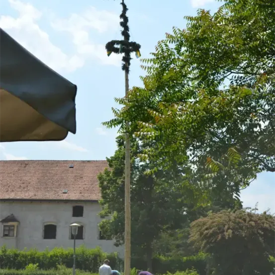 Zwei Personen arbeiten an einem hohen Pfahl in einem Park, umgeben von grünen Büschen. Ein großes weißes Gebäude mit vielen Fenstern und einem Dach ist im Hintergrund. Eine Straßenlaterne steht auf der linken Seite.