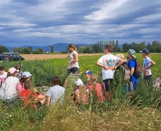 Gruppe von Kindern und Erwachsenen in einem Grasfeld, einige stehend und andere sitzend, mit einem geparkten Auto im Hintergrund.