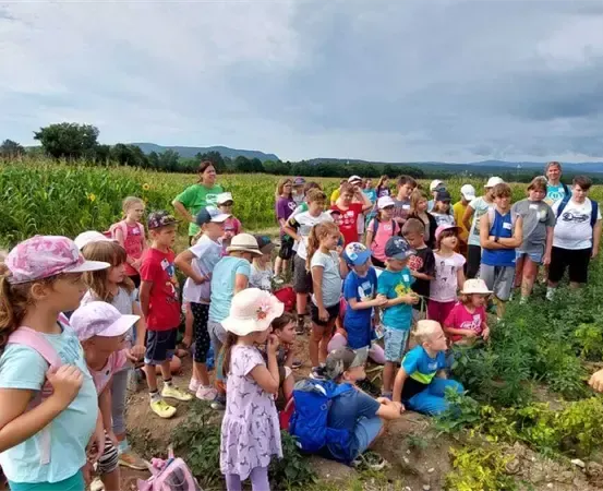 Eine Gruppe von Kindern und Erwachsenen steht in einem Maisfeld unter bewölktem Himmel. Einige tragen Hüte und haben Rucksäcke. Eine erwachsene Frau steht vorne und schaut zur Kamera.