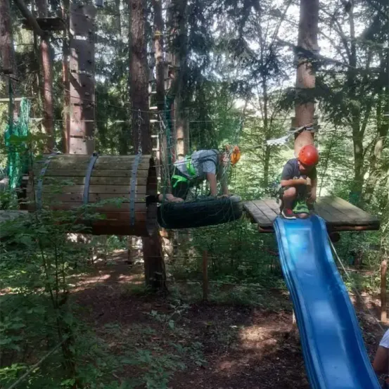 Zwei Personen mit Helmen sind in einem Waldgebiet in einer Abenteueraktivität engagiert, wobei eine Person klettert und die andere eine blaue Rutsche hinunterrutscht.