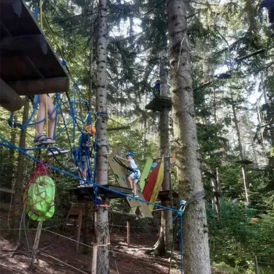 Ein Outdoor-Abenteuerkurs mit Seilstrukturen zwischen Bäumen. Ein Kind klettert mit einem Gurtzeug auf eine Plattform.