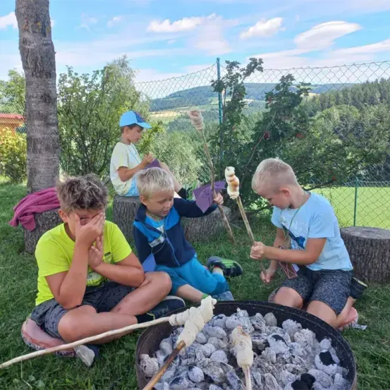 Vier Jungen sitzen um ein Lagerfeuer. Drei halten Stöcke mit Marshmallows, während ein Junge sein Gesicht mit den Händen bedeckt.