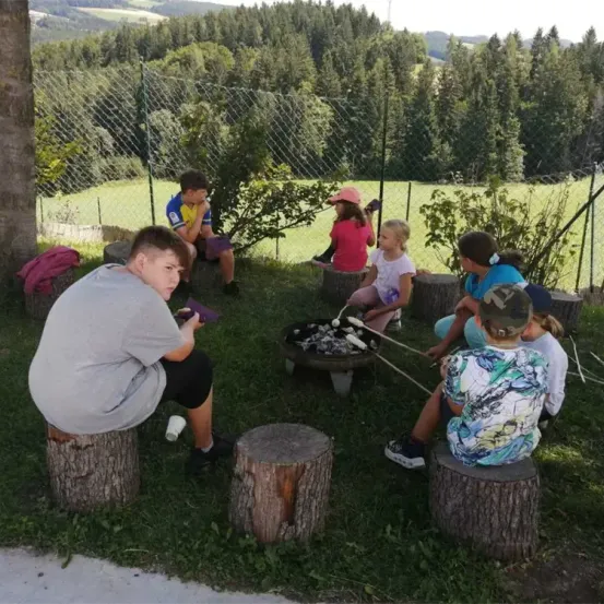 Eine Gruppe von Kindern und einem jungen Erwachsenen sitzen um ein Feuer herum und rösten Marshmallows auf Stöcken. Die Umgebung ist ein Rasen mit Bäumen und einem Zaun im Hintergrund.