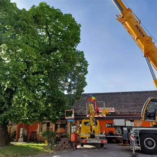 Ein Kran steht neben einem großen Baum vor einem Gebäude mit einem Schild, das 'Bar Italia' liest. Arbeiter sind um den Kran herum zu sehen, einer auf einer Plattform, während ein anderer einen Eimer hält.