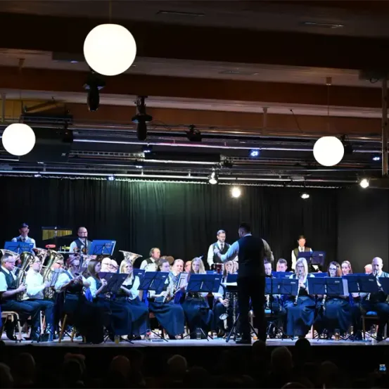 Ein großes Orchester spielt auf der Bühne mit verschiedenen Instrumenten, begleitet von Scheinwerfern und einem begeisterten Publikum.