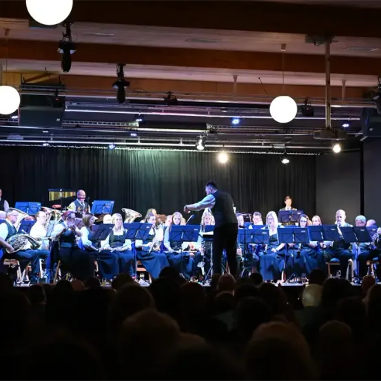 Ein Blechbläserensemble spielt auf der Bühne unter Scheinwerfern, mit einem Dirigenten an der Spitze. Das Publikum sitzt davor und verfolgt die Aufführung.