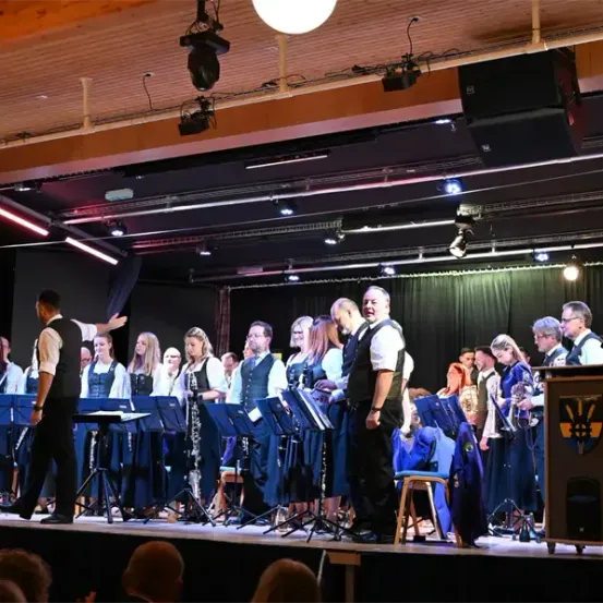 Eine Gruppe von Musikern, einschließlich eines Dirigenten, steht mit Instrumenten auf der Bühne und tritt für ein Publikum in einem Theater auf.