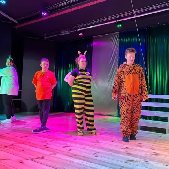 Vier Personen stehen auf einer Bühne mit rosa Licht und einem Holzboden. Sie sind in Kostümen gekleidet, darunter eine Biene und ein Tiger.