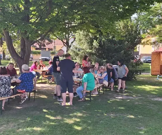 Mehrere Menschen sitzen um Tische in einem Park unter Bäumen, mit einem Imbissstand und geparkten Autos in der Nähe.