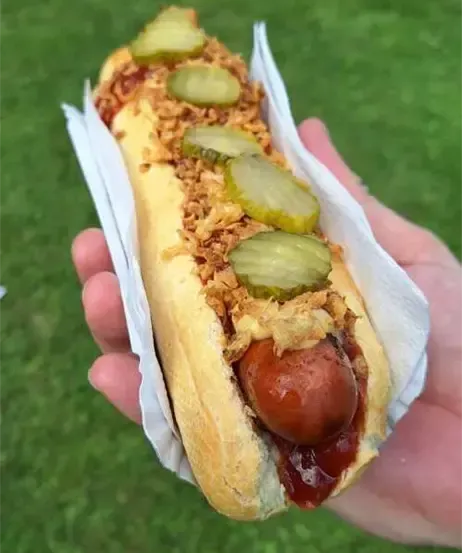 Eine Nahaufnahme eines Hot Dogs mit Ketchup, Gewürzgurken und knusprigen Toppings, gehalten in einer Papierhülle mit grünem Grashintergrund.