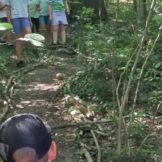 Eine Gruppe von Kindern in Mützen geht auf einem Waldweg. Sie sind von dichter Vegetation umgeben.