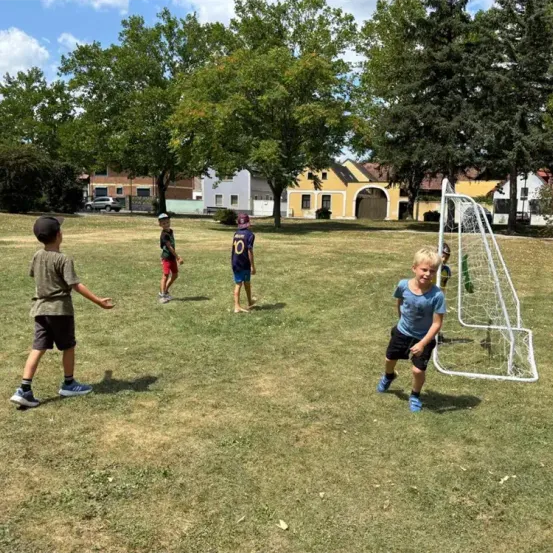 Vier Kinder spielen Fußball auf einem Rasenfeld mit einem Tor. Sie tragen Freizeitkleidung. Hinter ihnen sind Bäume und Gebäude.