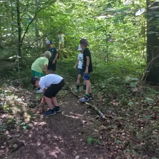Eine Gruppe von Menschen, wahrscheinlich Schüler, befindet sich in einem Wald. Einige kauern und andere stehen, alle in Freizeitkleidung. Sie scheinen eine Aktivität zu verrichten.