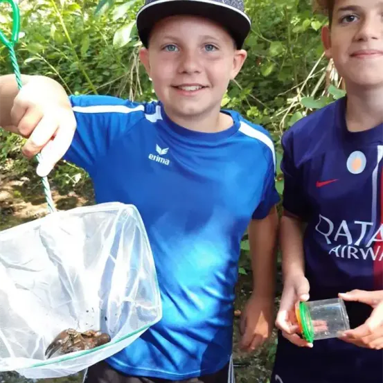 Zwei junge Jungen sind draußen. Ein Junge hält ein Netz mit einem gefangenen Frosch, während der andere einen kleinen Behälter hält.