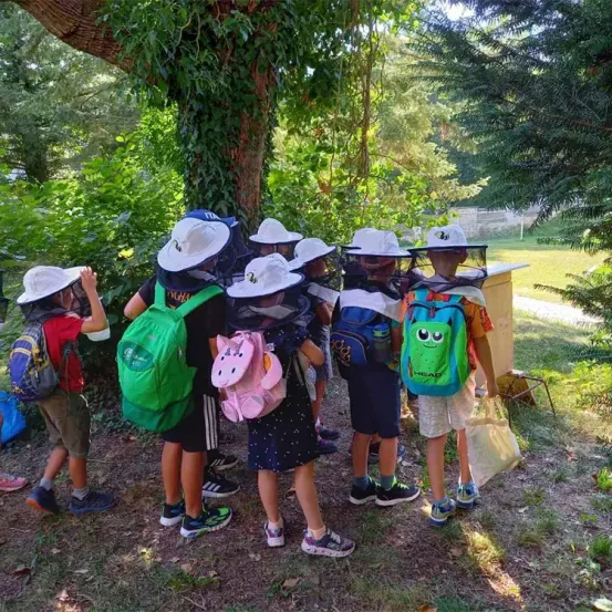 Eine Gruppe von Kindern im Wald, die Bienenschutzhelme tragen, sind um einen hölzernen Bienenstock versammelt. Sie haben Rucksäcke und scheinen etwas über Bienen zu lernen.