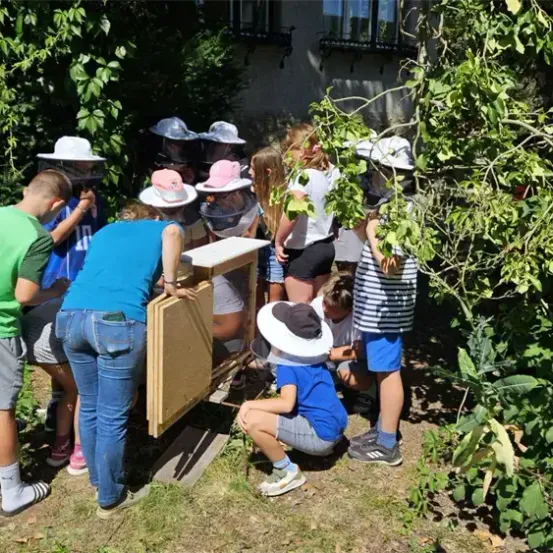 Eine Gruppe von Kindern und Erwachsenen in Imkeranzügen inspiziert einen Bienenstock im Freien. Sie sind von üppiger Vegetation und einem Gebäude mit Balkonen umgeben.