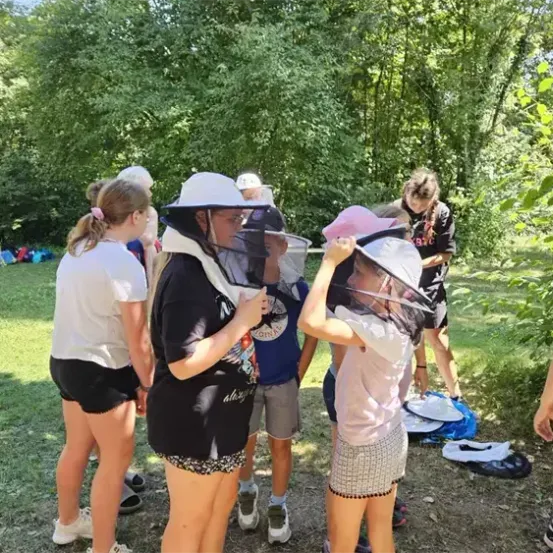 Eine Gruppe von Menschen, einige in Schutzkleidung, steht auf einem Rasen. Sie scheinen etwas über Bienen zu lernen. Einige beobachten die Bienen an einem Baum, während andere hinter ihnen stehen.