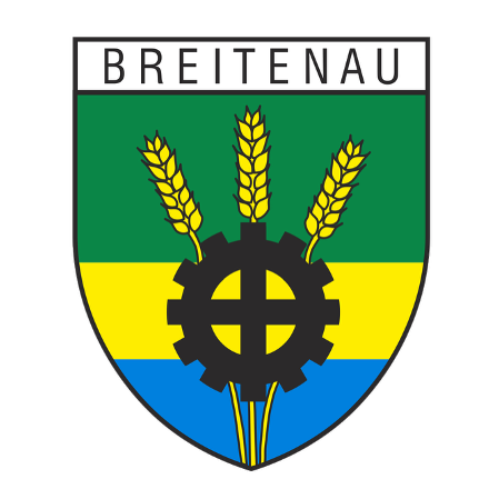 Das Breitenau Wappen zeigt einen Schild mit grün-gelb gestreiftem Hintergrund. Darauf abgebildet sind drei Weizenähren mit einer Zahnrad in der Mitte. Das Zahnrad ist schwarz und darunter befinden sich blaue und gelbe Streifen.