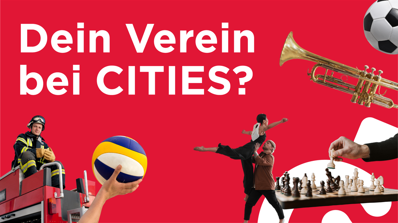 Ein roter Hintergrund mit weißem Text zeigt 'In Verein CITIES?' Eine Hand hält einen Ball, und zwei Personen machen Yoga auf einem Schachbrett.