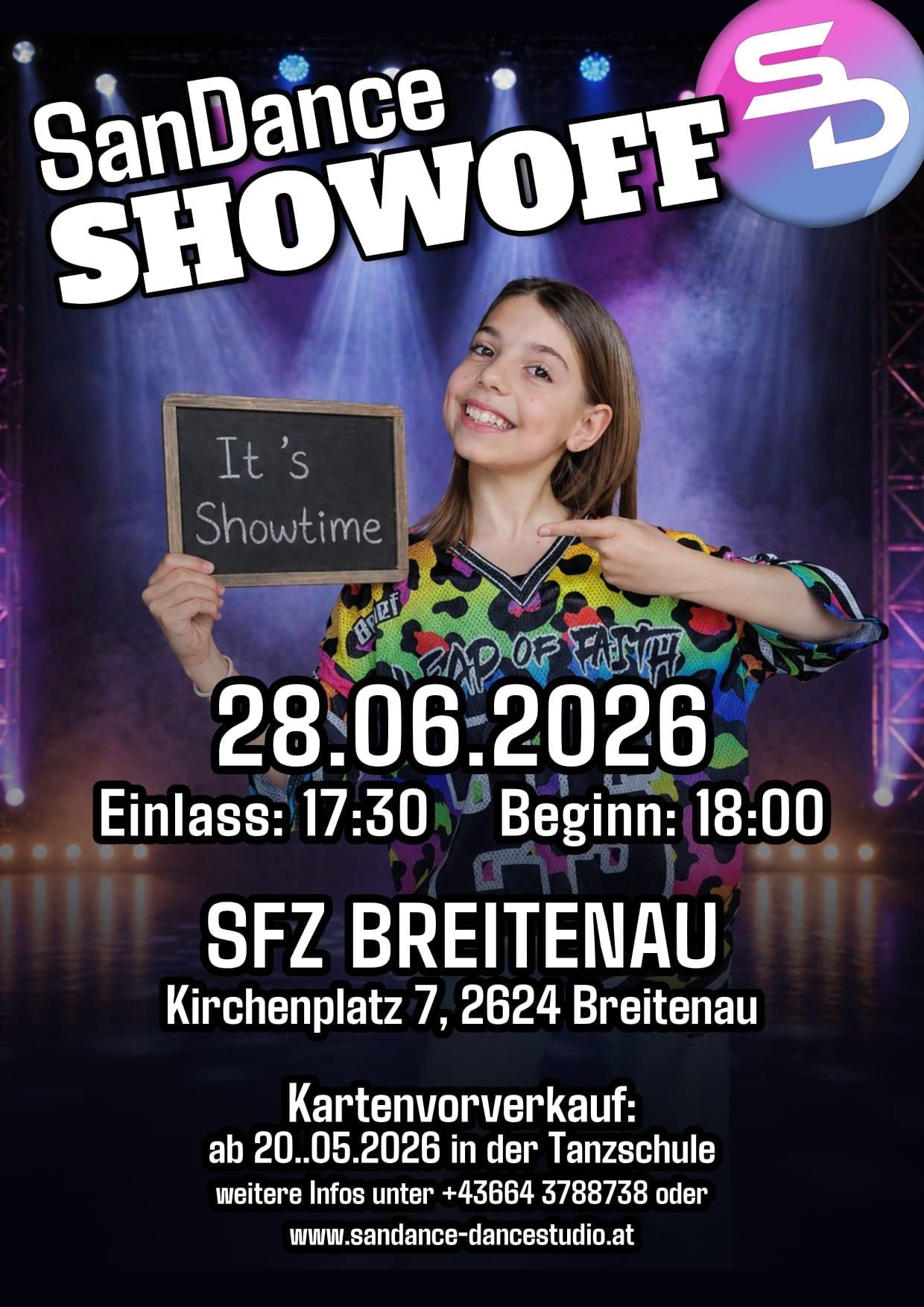 A young girl holds a chalkboard saying It's Showtime. The event is on June 28, 2026, starting at 5:30 PM at SFZ Breitenau, Kirchenplatz 7, 2624 Breitenau.