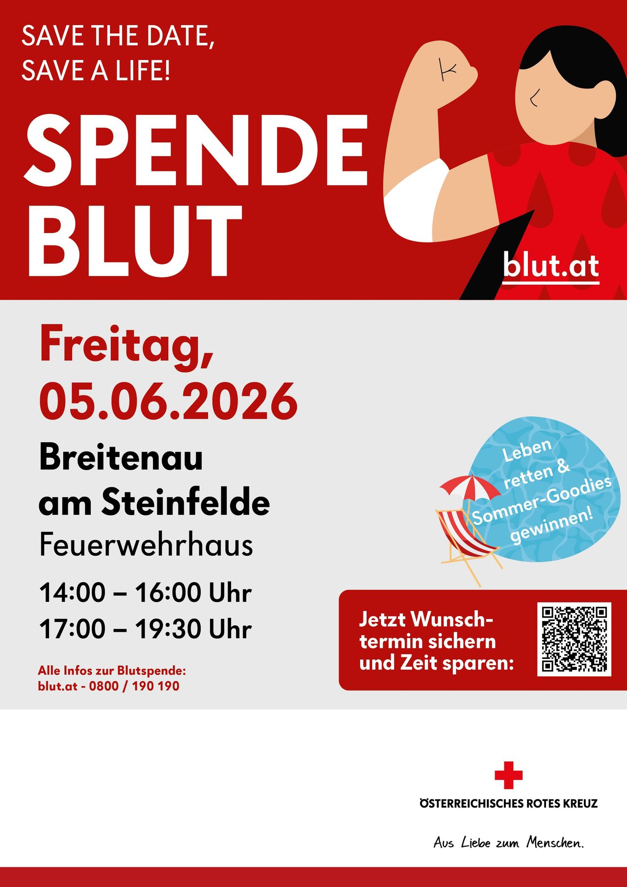 Blutspende-Event am 05.06.2026, Breitenau bei Steinfelde. Feuerwehrhaus, 14:00-16:00 und 17:00-19:30. QR-Code für Terminvereinbarung. Kontakt: blut.at.