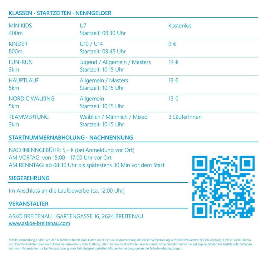 Das Dokument listet Klassenpläne, Distanzen, Startzeiten und Gebühren für verschiedene Laufveranstaltungen auf. Minikids 400m startet um 09:30. Kinder 800m kostet 9€, Fun Run 3km um 10:15, Hauptlauf 5km um 10:15, Nordic Walking 5km um 10:15 und Teamwertung 3km um 10:15.