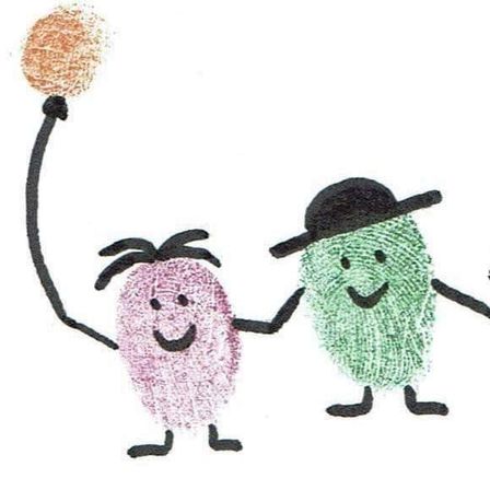 Zwei lächelnde Charaktere halten Händchen, einer trägt einen Hut und der andere hält einen Ballon. Die Charaktere haben fingerabdruckähnliche Texturen.