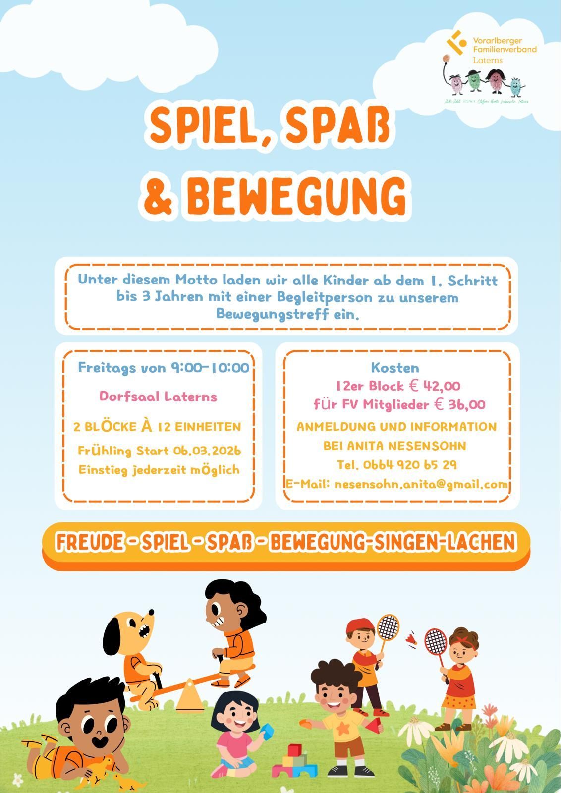 Ein Plakat für eine Spiel-, Spaß- und Bewegungsveranstaltung für Kinder im Alter von 1 bis 3 Jahren mit einer Begleitperson. Freitags von 9:00-10:00 Uhr. Beginn am 8. März 2026. Kosten pro Block 42 Euro. Kontaktieren Sie Anita Nesensohn für Anmeldung und Informationen.