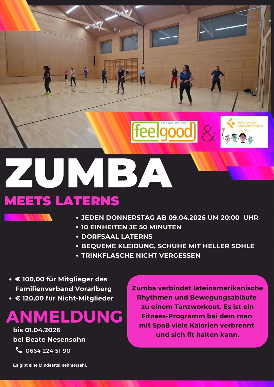 Ein Plakat für Zumba Meets Laterns zeigt Menschen, die in einem Fitnessstudio tanzen. Die Veranstaltung findet jeden Donnerstag um 20:00 Uhr statt. Der Preis beträgt 100 Euro für Mitglieder und 120 Euro für Nicht-Mitglieder.
