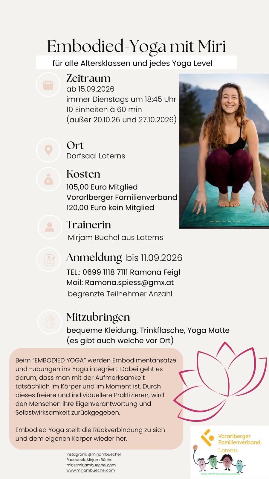 Ein Flyer für Yoga-Kurse in Dorfsaal Laterns. Der Flyer enthält Details wie Ort, Kosten, Trainerin und Anmeldefrist. Es werden auch die erforderliche Kleidung und Ausrüstung erwähnt.