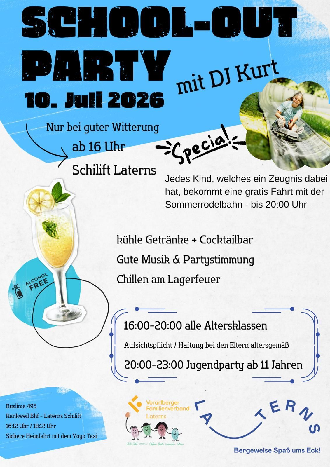 Party on July 10, 2026 with DJ Kurt, starting at 4 PM. Children with a ticket ride free on the summer toboggan until 8 PM. Cool drinks, a cocktail bar, music, and a party atmosphere await. Campfire chilling.