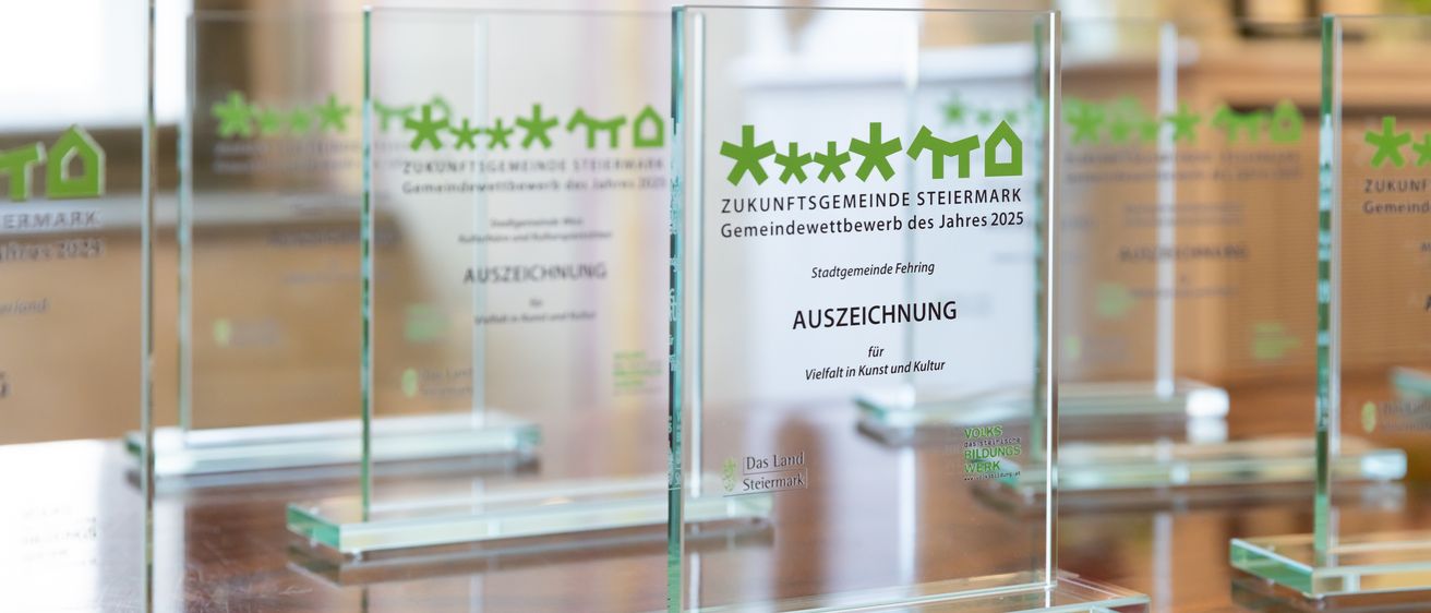 Drei Glasplaketten mit grünen Logos auf einer hölzernen Oberfläche. Eine Plakette trägt die Aufschrift 'Gemeindepreis des Jahres 2025'. Eine andere Plakette trägt die Aufschrift 'Auszeichnung für Vielfalt in Kunst und Kultur'.