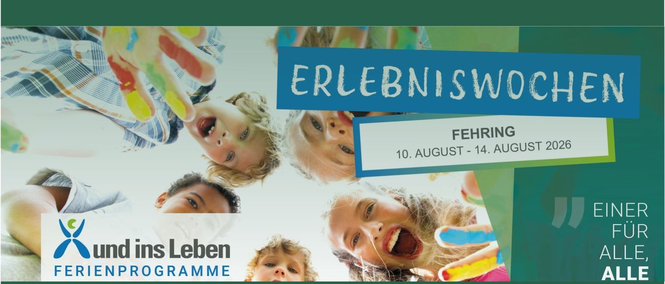Plakat für eine Kinderveranstaltung mit freudestrahlenden Kindern. Der Titel lautet 'Erlebniswoche' mit dem Untertitel 'Fehringer'. Die Daten sind vom 10. bis 14. August.
