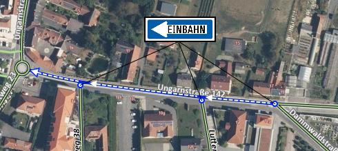 Luftaufnahme einer Stadt mit einer Straße, die mit 'EINBAHN' beschriftet ist und zur Straße 'Ungarnstrasse 142' führt. Die Karte zeigt auch andere Straßen und Gebäude.