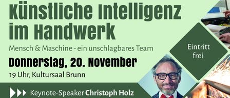 Werbeanzeige für eine Veranstaltung mit Christoph Holz als Redner. Die Veranstaltung dreht sich um künstliche Intelligenz und Handwerk und ist für den 20. November geplant.