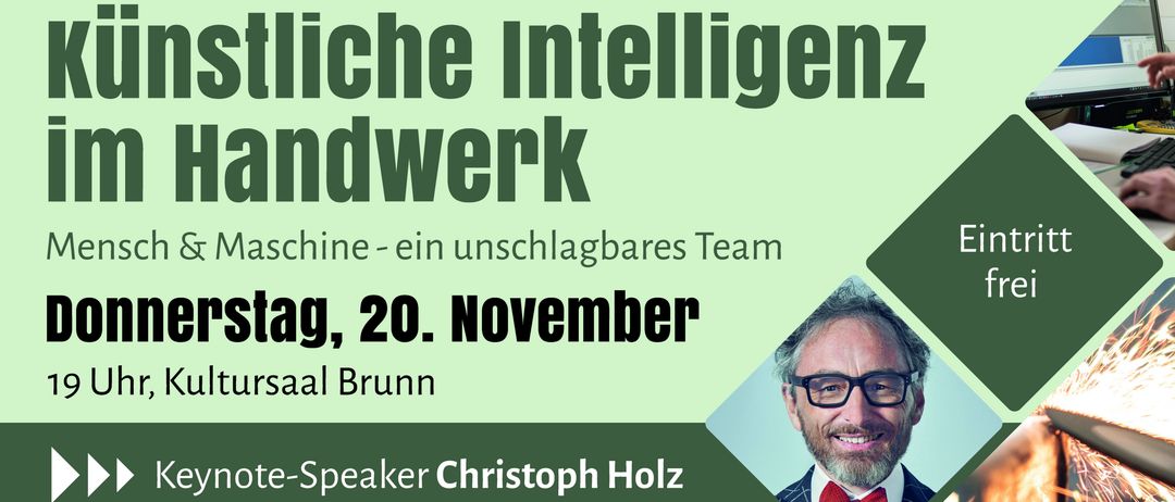 Werbeanzeige für eine Veranstaltung mit Christoph Holz als Redner. Die Veranstaltung dreht sich um künstliche Intelligenz und Handwerk und ist für den 20. November geplant.