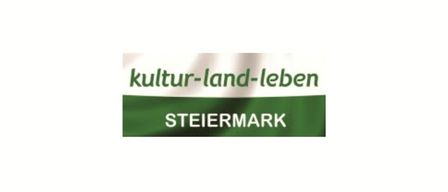 Das Logo für Kultur-Land-Leben Steiermark ist auf weißem Hintergrund zu sehen. Es enthält den Text 'Kultur-Land-Leben' in Grün und 'Steiermark' in Weiß. Das Design beinhaltet ein grünes und weißes Streifenmuster oben.