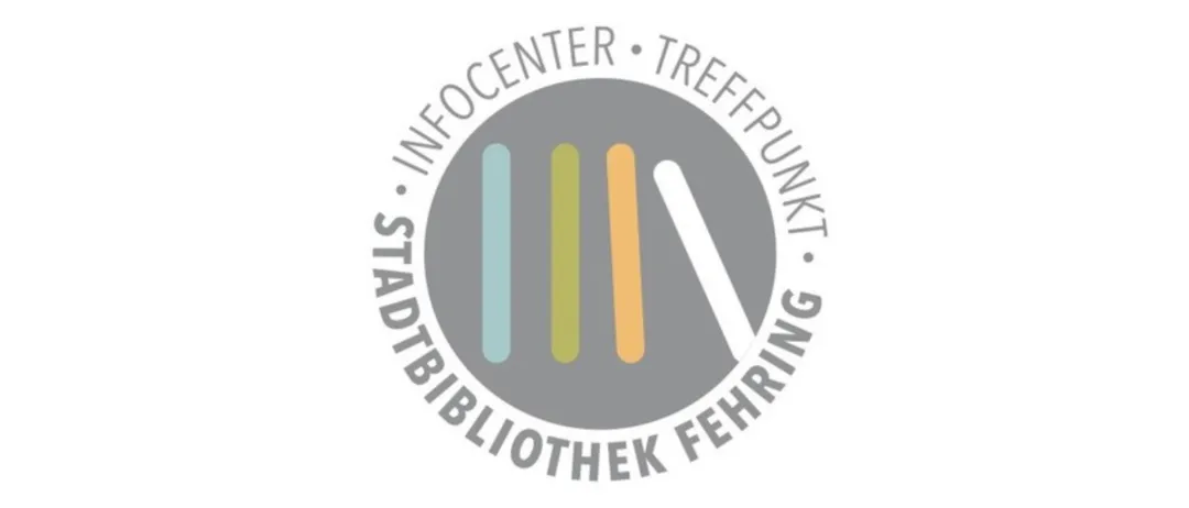 Ein Logo mit dem Text 'Infocenter Treffpunkt Stadtbibliothek' in einem kreisförmigen Muster mit drei vertikalen Linien in verschiedenen Farben.