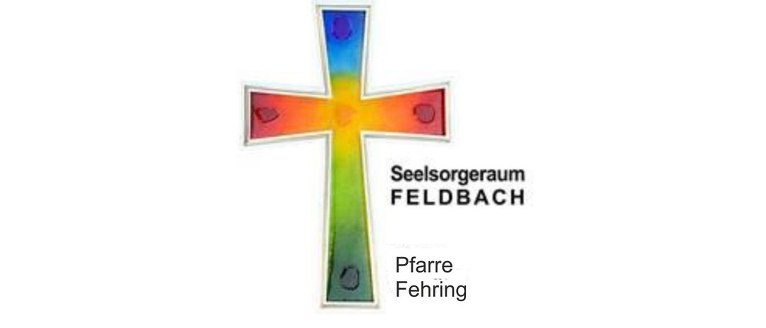 Ein farbenfrohes Kreuz mit Seelsorgerraum Feldbach darunter geschrieben. Das Kreuz hat einen weißen Rand.