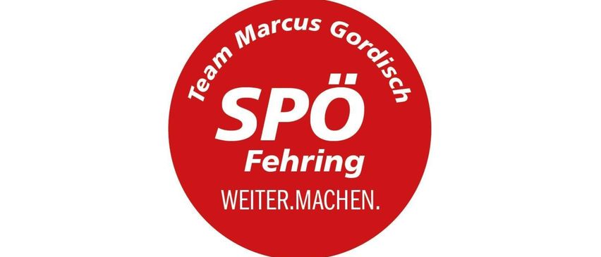 Roter runder Logo mit weißem Text. Oben steht 'Team Marcus Gordisich'. In der Mitte steht 'SPO'. Unten steht 'Fehring' und 'WEITER.MACHEN.'.